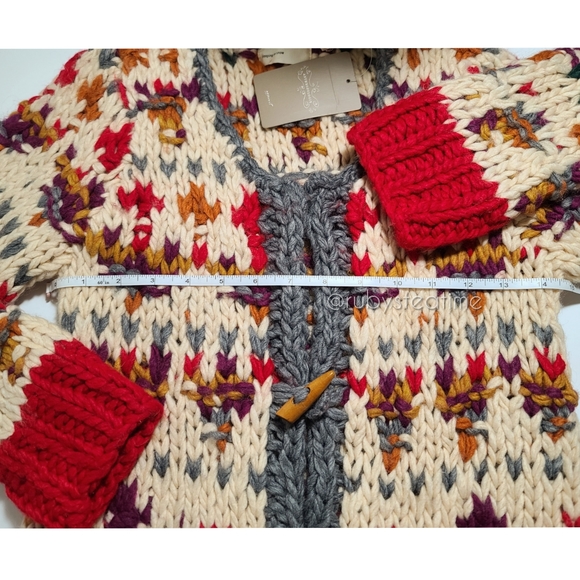 Chunky Knit Boho Neo Fairisle Cardigan Sweater, Wooden Toggle Buttons, ANTHRO - Picture 10 of 16